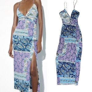 Zara Printed Knotted Midi Paisley Dress XS Linen Blend Blue Purple Hip Slit